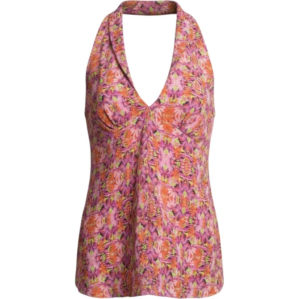 Bisou Bisou Michele Bohbot Womens Halter Top Pink Orange Foliage Print Small NWT